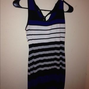 Tight black, white, grey and blue stripe dress